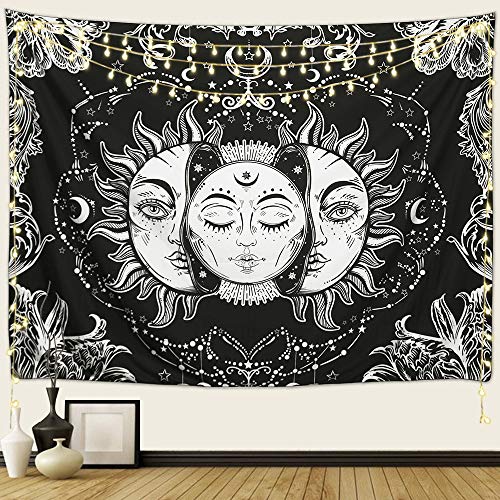 ARFBEAR Sun and Moon Tapestry, Sun with Stars Psychedelic Popular Mystic Wall Hanging Tapestry for bedroom aesthetic Black and White Beach Blanket (medium-59 x 51 in)