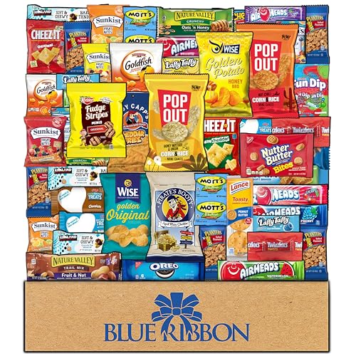 Blue Ribbon Mothers Day Snack Box Care Package Variety Pack (52 Count) Cookies Chips Candy Snacks for Friends Family Women Men Kids Gifts for Mom