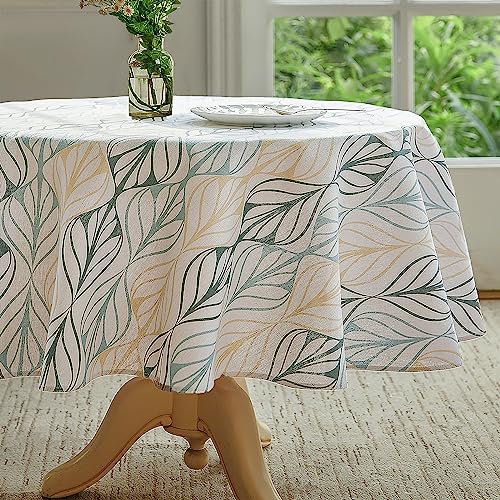 Wracra Stripe Leaves Tablecloth Cotton Linen Vintage 47 Inch Round Table Cloth Indoor Outdoor Table Cover Suitable for Party,Picnic,Dining,Garden(Stripe Leaves, Round 47')