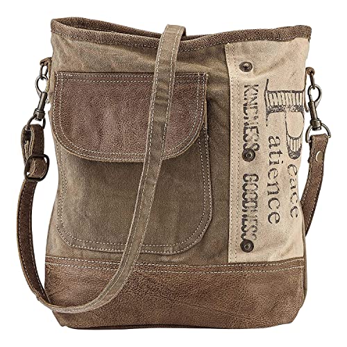SAGEFINDS Upcycled Canvas Shoulder Bag | Earth Friendly Tote | Inspirational Words | No Two Alike | Adjustable Strap | Fully Lined | Zip Closure Brown One Size