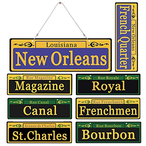 Booda Brand Mardi Gras Decorations 2024 New Orleans Street Signs 8 Pack Ornaments -1:1 Size Duplex Printed PVC Mardi Gras Party Table Decor, with Metal Chain for Outdoor Carnival Hanging