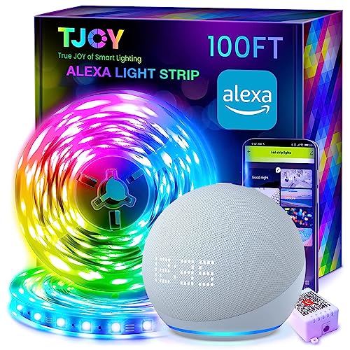 TJOY 100ft Smart Led Strip Lights for Bedroom, Work with Alexa,5050 RGB Color Changing Music Sync Led Lights Strip with App Remote,Multi-Color Wireless Led Lights for Bedroom (APP+Remote+Voice)