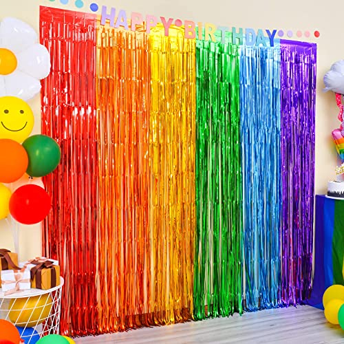LOLStar Rainbow Foil Fringe Curtains, 2 Pack Rainbow Party Decorations 3.3x6.6ft Tinsel Metallic Streamers Holiday Photo Booth Props Backdrop for Birthday Wedding Engagement Bridal Shower Unicorn