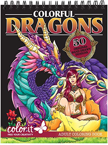 ColorIt Colorful Dragons Adult Coloring Book - 50 Single-Sided Designs, Thick Smooth Paper, Lay Flat Hardback Covers, Spiral Bound, USA Printed, Dragon Pages to Color (Volume I)