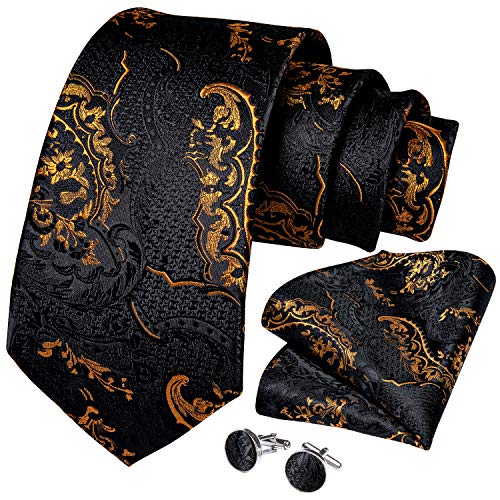DiBanGu Formal Black and Gold Paisley Tie and Pocket Square Set for Men Silk Necktie Cufflinks Woven