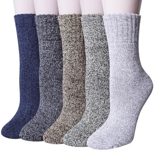 YSense 5 Pairs Womens Wool Socks Thick Knit Warm Winter Socks Cozy Comfy Socks Gifts for Women, A-Blue/Gray/Brown/Green/Beige