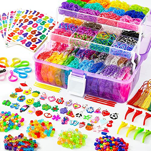 Inscraft 17500+ Rubber Loom Bands with 3 Layer Container, 28 Colors, 600 S-Clips, 352 Beads, 40 Cartoon Pendant, Bracelet Making Refill Kit for Kids