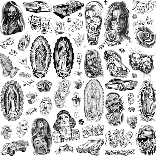 TASROI 6 Sheets Large Chicano Temporary Tattoos For Men Women Adult, Chicana Guadalupe Gangster Fake Tattoos Prisoner Day of the Dead, Halloween Mexico Tattoo Stickers, Tatuajes Temporales Autocolante