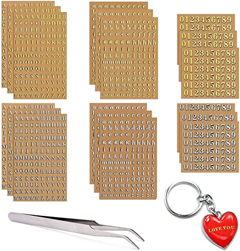 18 Sheets Small Letter Stickers for Resin,Mini Gold/Silver Letter Stickers Metallic Alphabet Number Stickers for Nail Art Epoxy Resin Crafts,Glitter Self Adhesive DIY Scrapbook Stickers with Tweezers