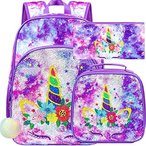 WZLVO 3PCS Girls Backpack, 16' Kids Unicorn Sequin Prechool Elementary Bookbag, Kindergarten School Back Packs and Lunch Box