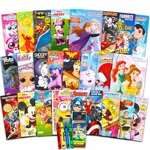 Beach Kids 24 Bulk Coloring Books for Ages 4-8 - Assorted Licensed Activity Boys, Girls | Bundle Includes Full-Size Books, Crayons, Stickers, Games, Puzzles, More (No Duplicates)