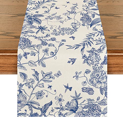Artoid Mode Monochrome Sketch Birds and Flowers Summer Table Runner, Seasonal Spring Fall Kitchen Dining Table Decoration for Home Party Decor 13x72 Inch