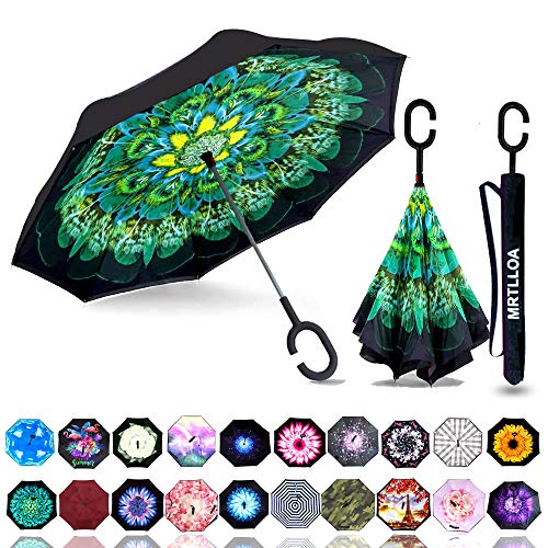 MRTLLOA 40/49/56 Inch Large Windproof Inverted Reverse Upside Down Umbrella, C-Shaped Handle, Double Layer, Stick Rain Umbrella for Men, Women and Kids (Green Peacock, 49 Inch)