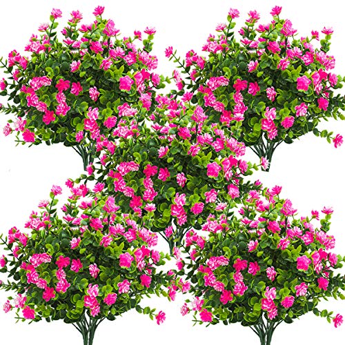 Grunyia 10 Bundles Artificial Fake Flowers, Faux Outdoor Plastic Plants UV Resistant Shrubs Outside Indoor Decorations (Pink-Eucalyptus)