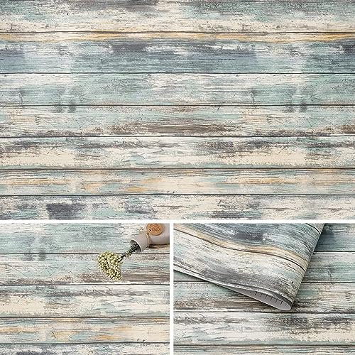 Arthome Blue Rustic Wood Paper 17''x120'' Self-Adhesive Removable Peel and Stick Wallpaper Vinyl Decorative Wood Plank Film Vintage Wall Covering for Furniture Easy to Clean Wooden Grain Paper