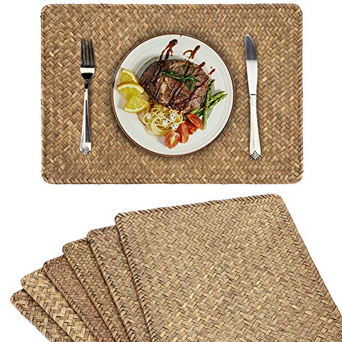 OwnMy Pack of 6 Natural Seagrass Placemats Woven Rattan Place Mat Rectangular Table Mats, 17' x 12' Sea Grass Meal Placemat Bamboo Place Mats for Dining Table Home Kitchen Picnic Table Decor (Coffee)