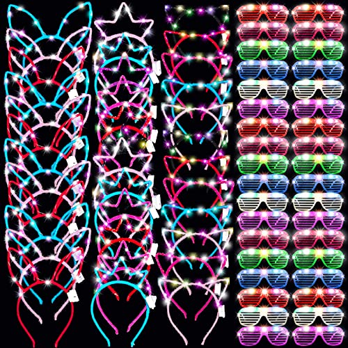 Maitys LED Light Up Glasses Luminous Led Headband Set LED Cat Ear Headband Bunny Ears Headband Crown Headband Colorful Glowing Sunglasses Glow in The Dark Party Favors Birthday Supplies (72 Pcs)