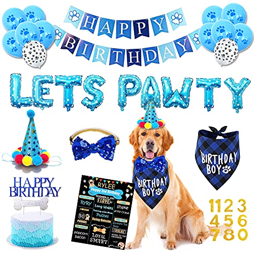 Dog Birthday Party Supplies, Dog Birthday Decorations Boy, Lets Pawty Balloons Banner, Dog Birthday Bandana, Dog Birthday Boy Hat Scarfs