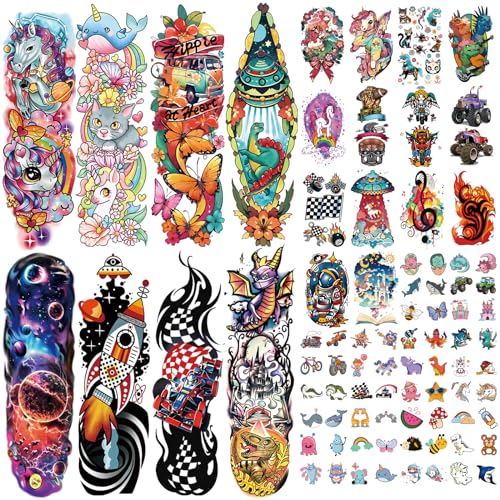 52 Pcs Temporary Tattoo for Kids Full Arm Unicorn Butterfly Cat Truck Dinosaur Rocket Cute Animal Body Face Fake Arm Tattoos for Girls Boys Tiny Tattoo Stickers Birthday Gifts Party Supplies