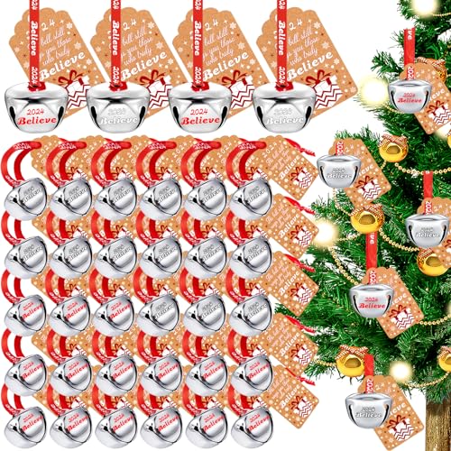 30 Sets Christmas Bells Decor Christmas Believe Bell Ornaments Bulk Polar Express Bell Decorations Xmas Party Gifts Favors Tags Silver Sleigh Jingle Bells for Christmas Tree Decoration(1.6 Inch)