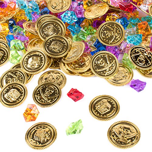Super Z Outlet Pirate Plastic Gold Colored Coins Buried Treasure and Pirate Gems Jewelry Playset Activity Game Piece Pack Party Favor Decorations (120 Coins + 120 Gems)
