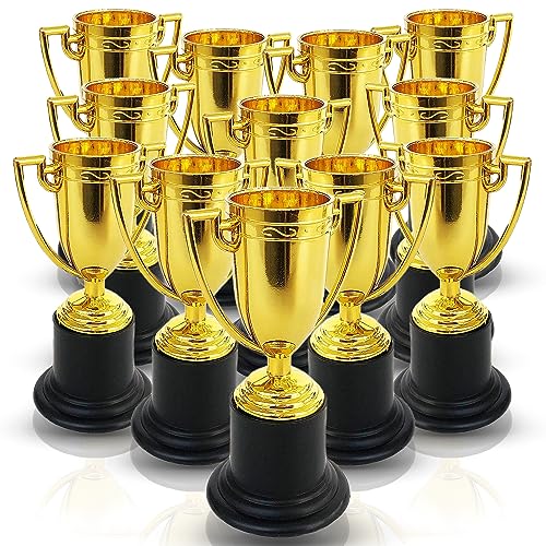 Playbees Plastic Golden Cup Trophy for Kids - 12 Pack - 4 Inch Achievement Prize Awards - Ideal Recognition for School, Sports, Office, Carnival Games - Party Favors, Decor, Props - Motivational