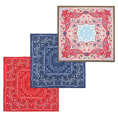 3 Pack Bandanas 100% Combed Cotton Colored Handkerchiefs for Women and Men, Multi-functional Cool Headbands (005)