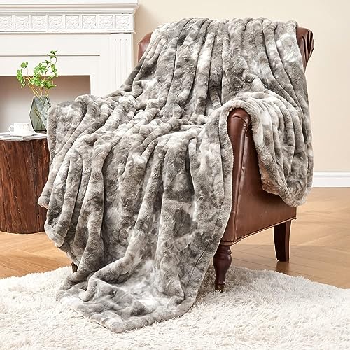 Krifey Oversized Minky Blanket, Super Soft Fluffy Luxury Throw Blanket Comfy Faux Fur Bed Throw Marbled Gray 60' x 80'