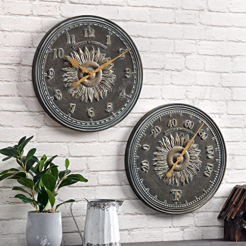 FirsTime & Co. Verdigris Calisto Sunflower Outdoor Wall Clock and Thermometer 2-Piece Set, Round, Waterproof Wall Clock for Patio, Home, Plastic, 16 x 1.12 x 16 inches