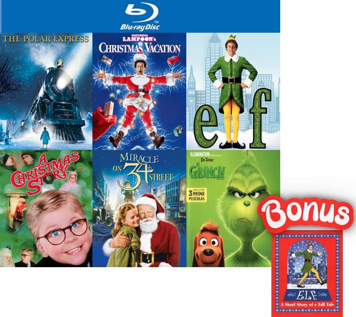 Christmas Holiday Family 6-Movie Blu-ray Collection: The Polar Express / National Lampoon’s Christmas Vacation / Elf / A Christmas Story / Miracle on 34th Street + Bonus Elf A Short Story Tale Book