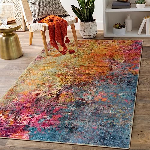 Lahome Modern Abstract Area Rug - 3x5 Washable Kitchen Rugs Colorful Bedroom Rug Non Slip Entryway Rugs, Rainbow Contemporary Indoor Floor Accent Carpet for Kitchen Sink Living Bathroom Doorway