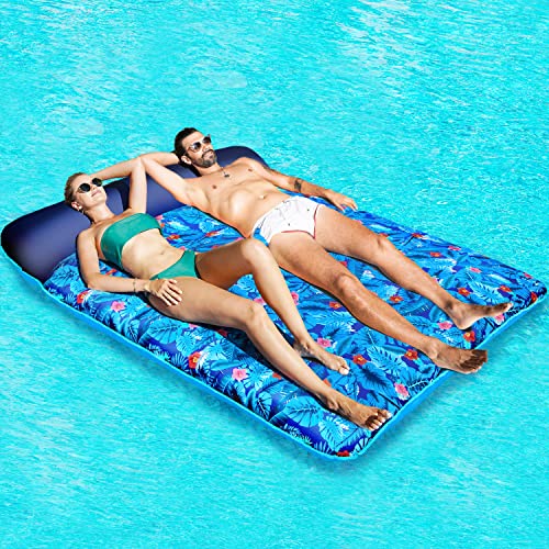 FindUWill Oversized Pool Floats Raft, 1-2 Person, 72'' X 60'' Giant Fabric-Covered Pool Floats Adult Size, Inflatable Floating Mat with Headrest Ultra-Comfort Summer Pool Lounger Floatie