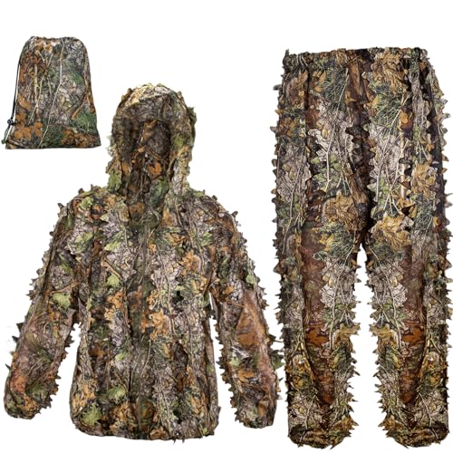 Ghillie Suit, Adult 3D Leafy Suit for Hunting, Hunting Gear Including Leafy Jacket, Camo Hunting Pants and Carry Bag, Lightweight Leafy Camo Suit for Turkey Hunting, Outdoor Jungle and Halloween XL