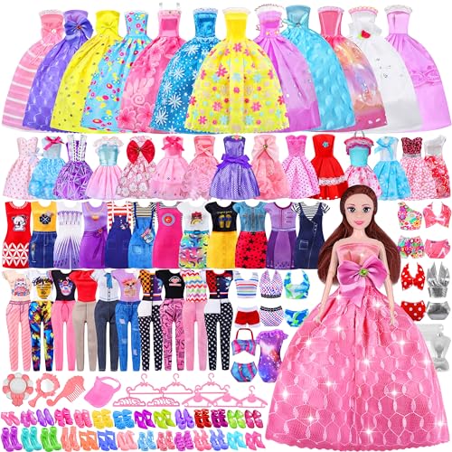 87 Pcs Doll Clothes and Accessories with Doll, Princess Gowns, Fashion Dresses, Slip Dresses, Top, Pants, Jumpsuit, Swimsuits, Shoes, Hangers, Doll Dress up Toys for Girls Kids Toddlers Toy Gifts