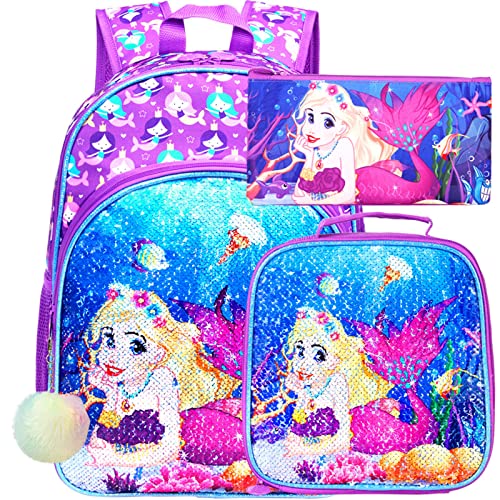 UFNDC 3PCS Mermaid Backpack for Girls, 16”Kids Sequin Bookbag with Lunch Box, School Bag for Elementary Toddler