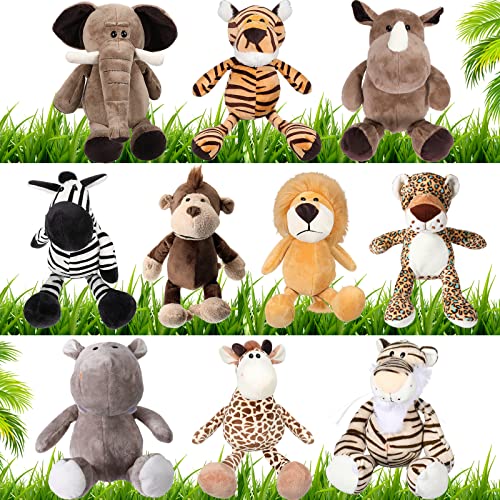 HyDren 10 Pcs Safari Stuffed Animals Plush Jungle Animal Toys for Girls Boys, Elephant Giraffe Lion Tiger Monkey Rhinoceros Zebra White Tiger Leopard Hippo for School Classroom Achievement Award