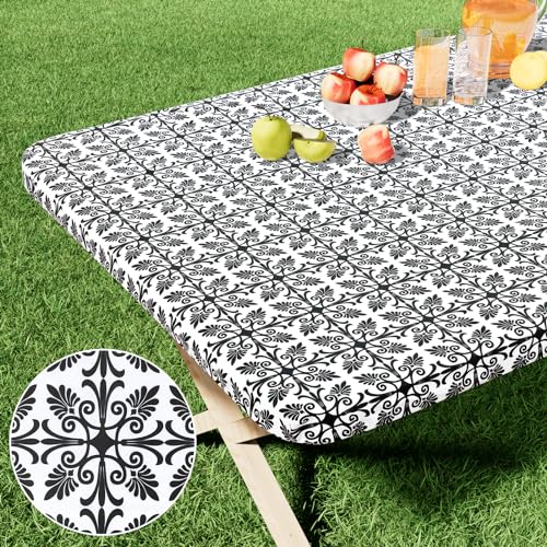 misaya Rectangle Vinyl Table Cloth, Elastic Fitted Flannel Backed Tablecloth, 100% Waterproof Plastic Table Cover Fits 6 Foot Folding Tables for Picnic, Camping, Outdoor (Black, 30' x 72')