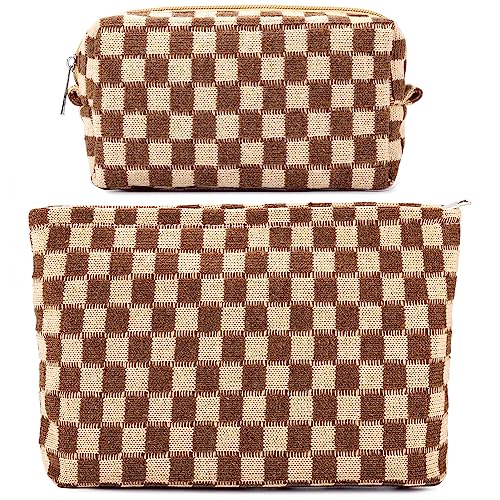 ZLFSRQ 2Pcs Checkered Makeup Bag for Women Large and Small Capacity Brown Cosmetic Bag Set Travel Makeup Pouch for Purse Zipper Toiletry Organizer Cute Y2K Aesthetic Girls Makeup Brushes Storage Bag