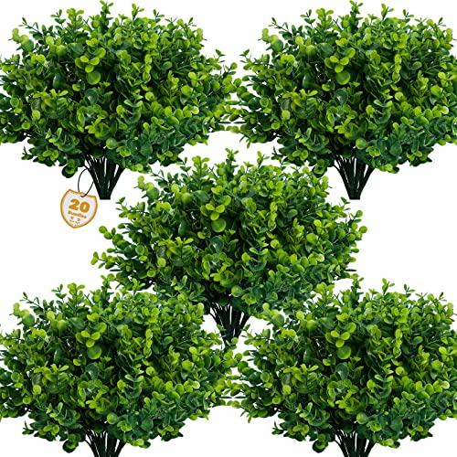 Lnoicy Artificial Greenery Plants Outdoor UV Resistant Fake Plants Boxwood Shrubs Grass,20 Bundles for Farmhouse Home Garden Office Patio Backyard Wedding and Indoor Outdoor Decoration