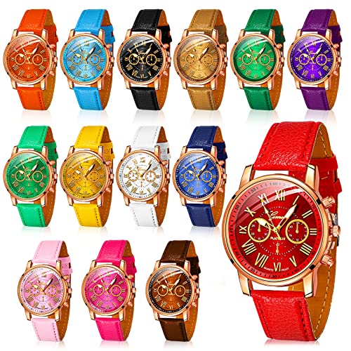Yinkin 14 Pcs Assorted Platinum Watch Unisex Quartz Watch Sets for Women Men Ladies Watches Roman Numerals PU Leather Women's Wrist Watches for Teen Girls