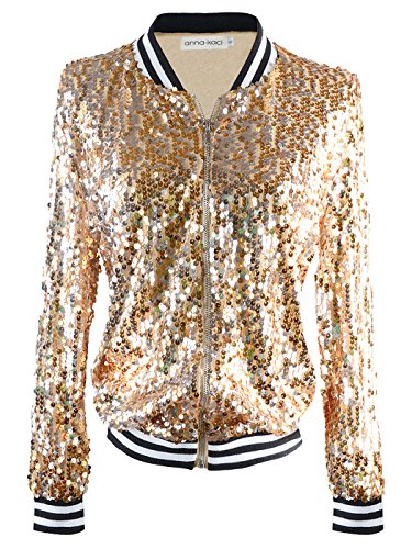 Anna-Kaci Womens Sequin Jacket Bomber Coat 1989 Slitter Outfit For Concert Party, Gold, Medium