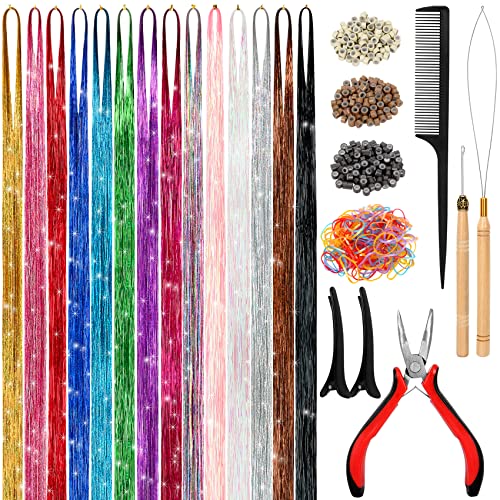 Hair Tinsel Kit (48 Inch,14 Colors, 3500 strands), Tinsel Hair Extensions with Tools, Heat Resistant Fairy Hair Tinsel Kit for Women Girls Hair Accessories