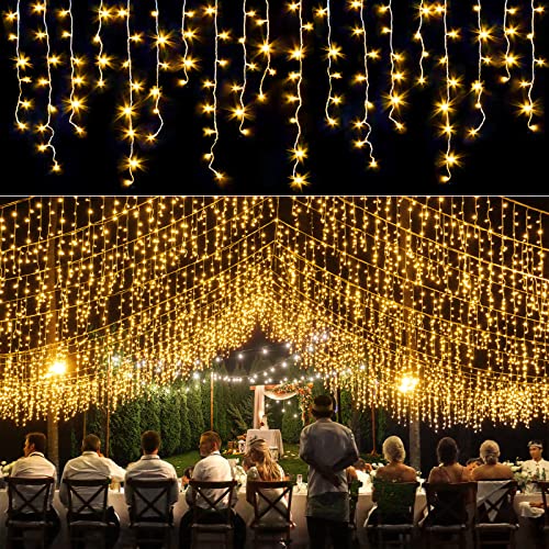 Icicle lights Outdoor - 33ft Christmas Lights with 400LED 75 Drops 8 Modes, Plug in Curtain String Lights Waterproof for Holiday Wedding Party Home Garden Bedroom Indoor Outdoor Decoration,Warm White