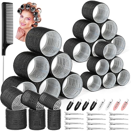 Qinzave 39PCS Self Grip Curlers 3 Sizes - Black 2.5in, 1.9in, 1.4in Rollers with Duckbill Clips for Long, Medium, Short, Thick, Fine Hair Volume and Bangs