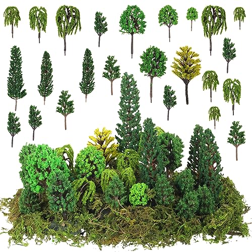 Tigeen 28 Pcs Model Trees 1.6-6.3 inch Mixed Model with 1.4 Ounce Faux Green Moss Decor Tree Train Scenery Architecture Trees for DIY Crafts, Building Model, Scenery Landscape (Natural Green)