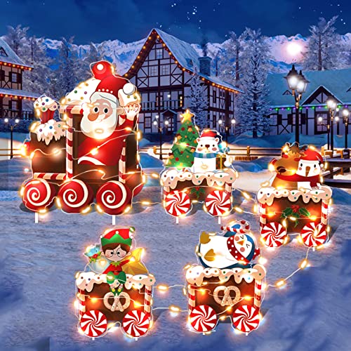 Christmas Train Decorations Yard Signs with LED Lights - Christmas Tree Santa Elf Snowman Train Set Lawn Signs with Stakes for Holiday Xmas Lawn Garden Yard Decorations Outdoor, 5 Pack