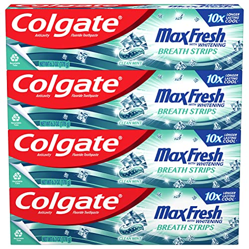 Colgate Max Fresh Whitening Toothpaste with Mini Strips, Clean Mint Toothpaste for Bad Breath, Helps Fight Cavities, Whitens Teeth, and Freshens Breath, 6.3 Ounce (Pack of 4)