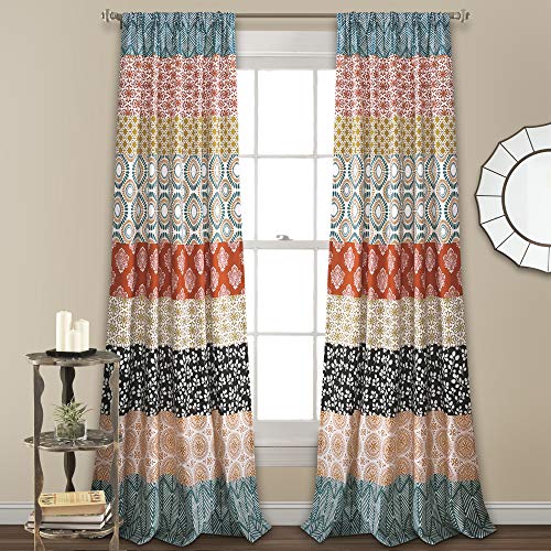 Lush Decor Bohemian Stripe Window Curtain Panels, Pair, 52' W x 84' L, Turquoise & Orange - Colorful Long Curtains - Maximalist & Boho Decor - Boho Curtains For Bedroom, Living Room & Dining Room