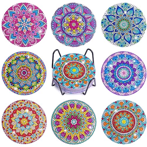 8 Pcs Diamond Art Coasters, Mandala Diamond Painting Kits for Adults Kids Beginners, Diamond Painting Coasters Art Craft Supplies for Birthday Gift