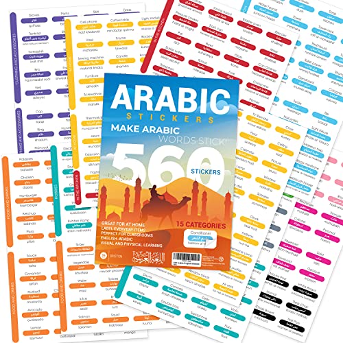 560 Arabic/English Vocabulary Word Sticker Labels – Educational Language Learning Resource for Memory & Sight – Fun for Around The House Game Play - Kids, Grade School, Classroom or Homeschool